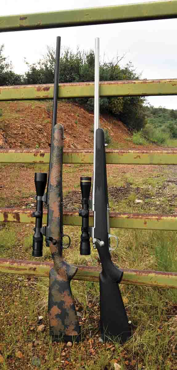 The Remington 700 XCR II .30-06 (left) with a Manners EH-3 stock and Swarovski 3-10x 42mm scope in Talley steel rings weighs 7 pounds, 11 ounces. The 6mm Remington (right) with a Leupold Vari-X III 2.5-8x scope and a Hunters Edge stock weighs 7 pounds, 6 ounces.